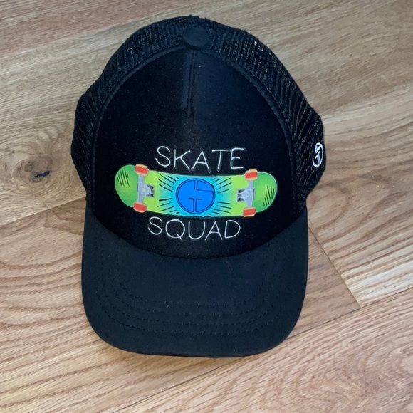 Grom Squad Kids Trucker Hat. Black “Skate Squad” with black mesh back. Big - Picture 2 of 5